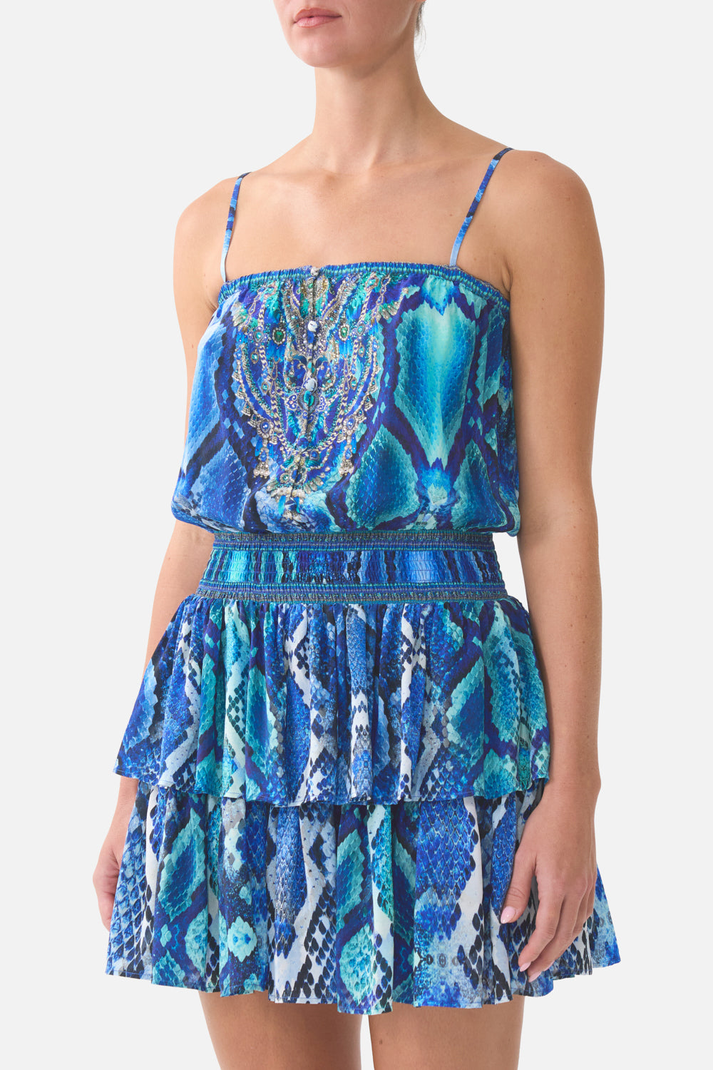 SHIRRED WAIST MINI DRESS THE SAPPHIRE SERPENT