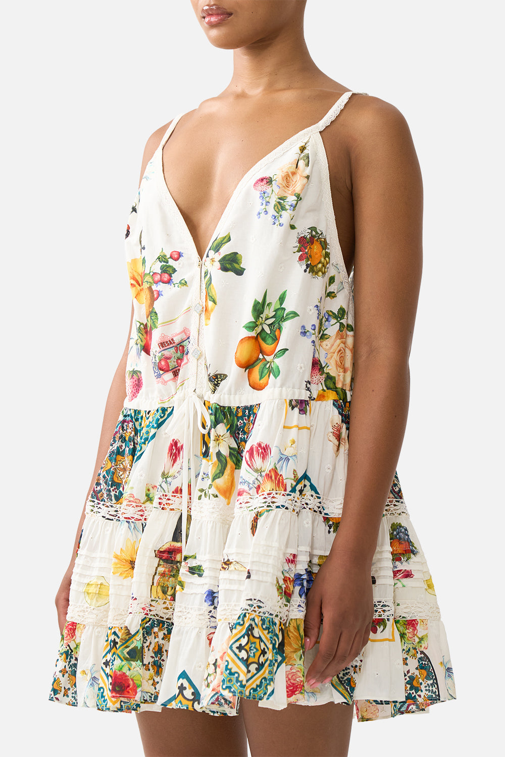 The CAMILLA gather waist short dress in our print Magic of the Mercado.