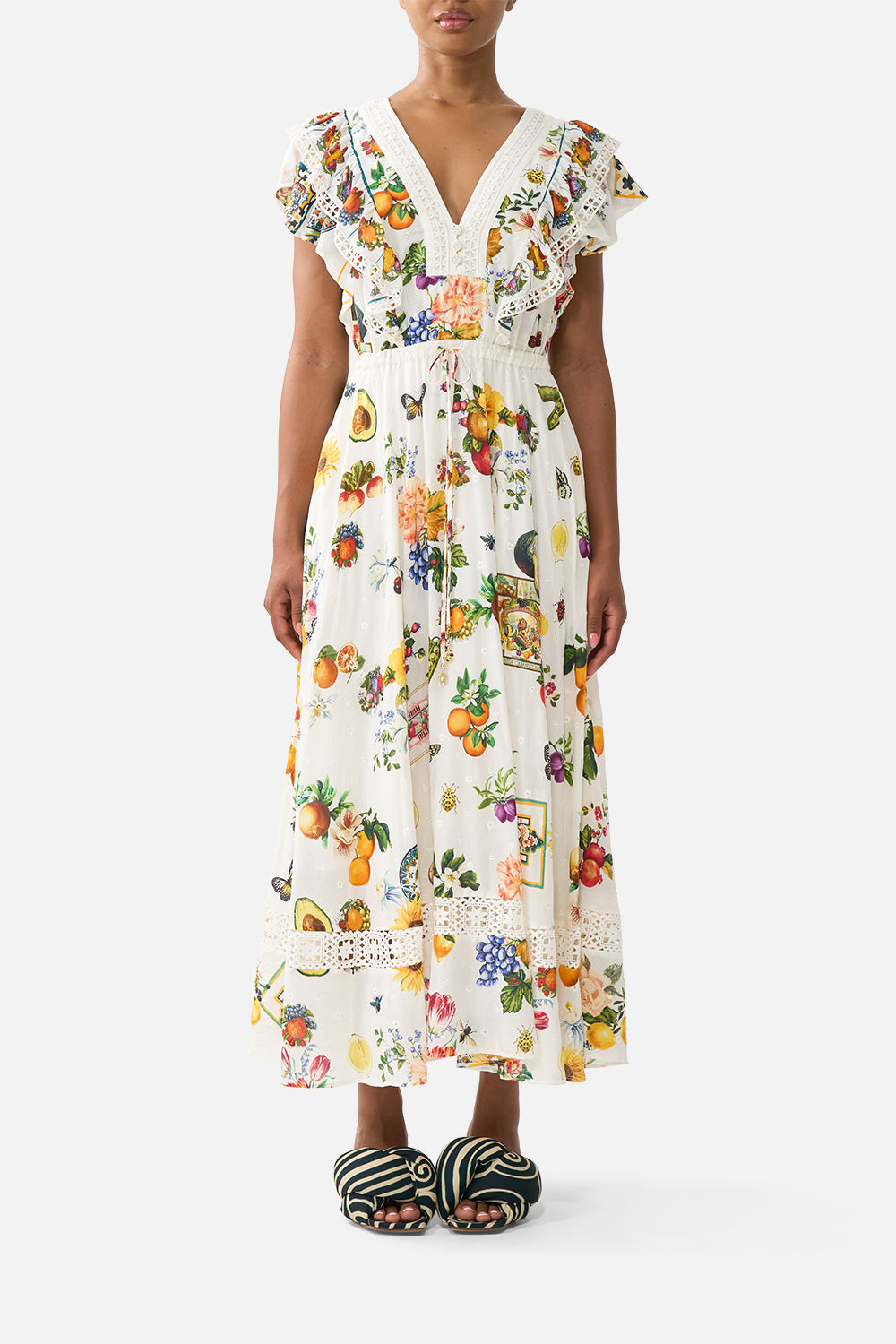 The CAMILLA V NECK BIAS SLIP DRESS WITH BACK FRILL A BELOVED BOUDOIR in our  print.