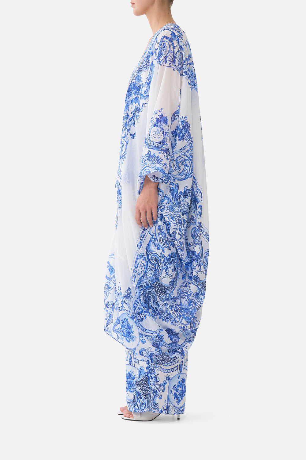 The CAMILLA OFF SHOULDER MIDI DRESS WITH FRILL SLEEVE ESPAÑA NIRVANA in our  print.