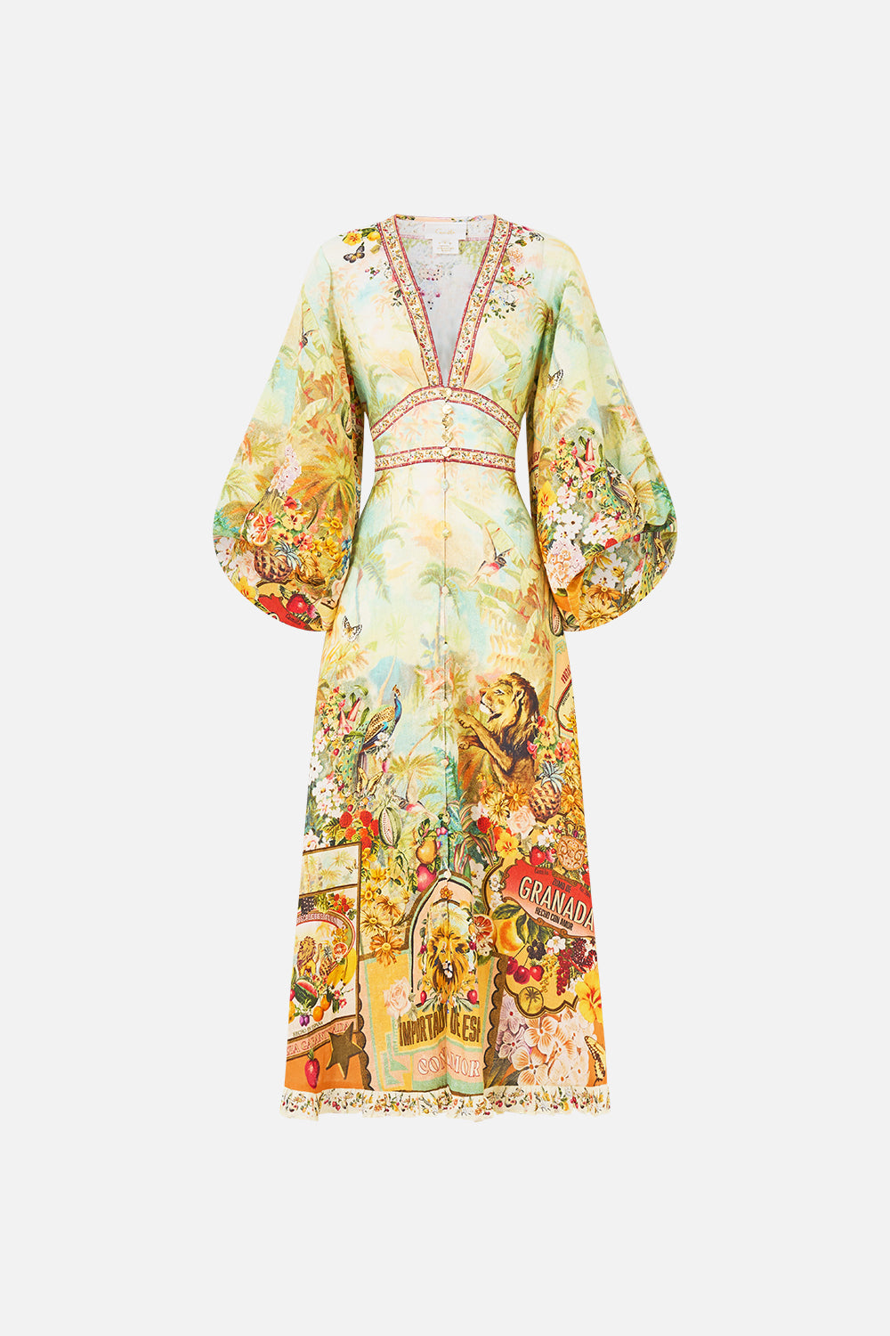 The CAMILLA BUTTON FRONT FRILL DRESS LACED WITH LOVE in our  print.