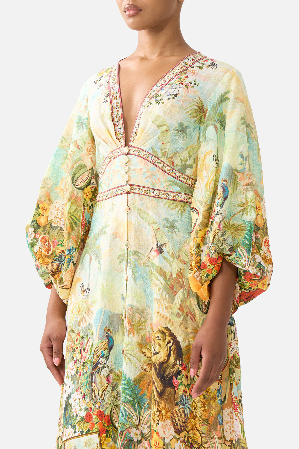 The CAMILLA BUTTON FRONT FRILL DRESS LACED WITH LOVE in our  print.