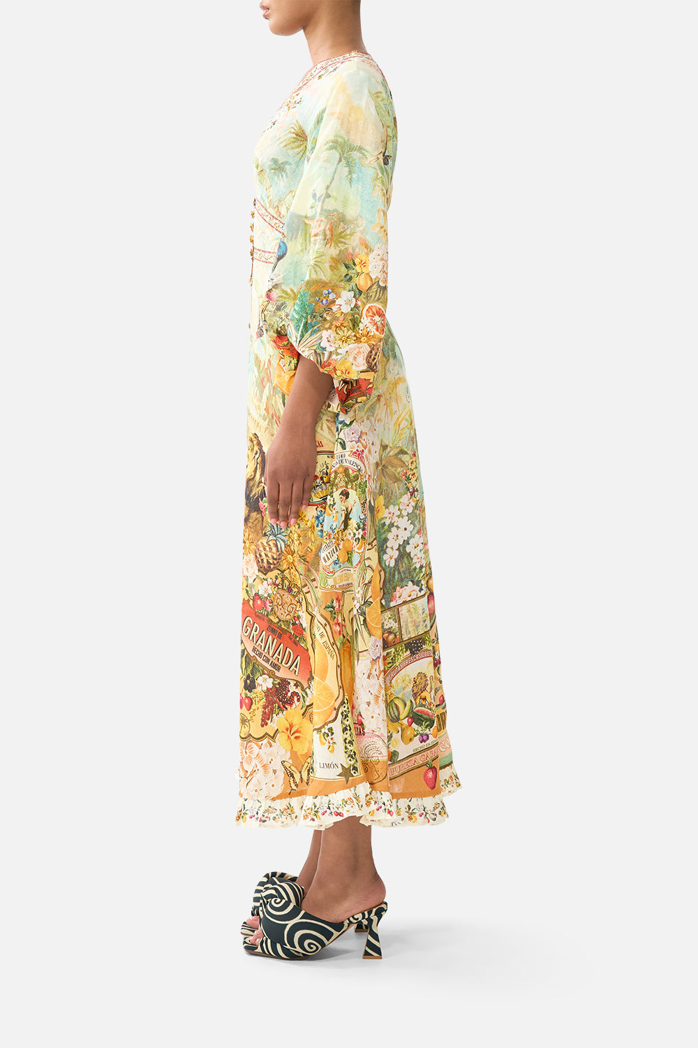 The CAMILLA BUTTON FRONT FRILL DRESS LACED WITH LOVE in our  print.
