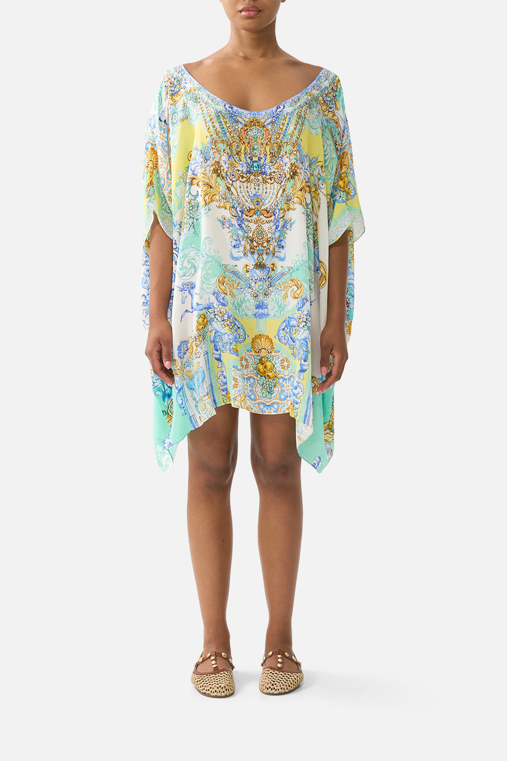 The CAMILLA STRAIGHT NECK ONE PIECE WITH ROSETTE DETAIL OLÉ OLÉ in our  print.