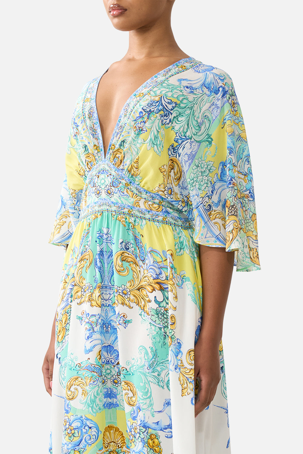 The CAMILLA FITTED JERSEY SHIRT FIESTA, SIESTA, REPEAT in our  print.