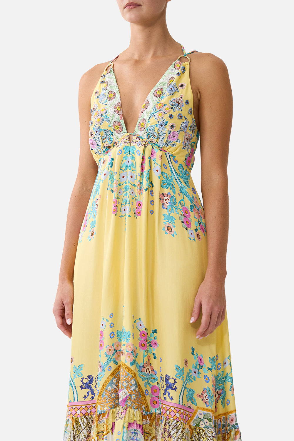The CAMILLA A-LINE GATHERED PANEL DRESS CERAMIC PANORAMIC in our  print.