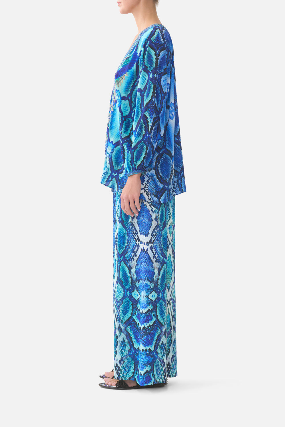 The CAMILLA GATHERED HIGH WAIST BIKINI BOTTOM WITH TIE BACK THE CALL OF CATALONIA in our  print.