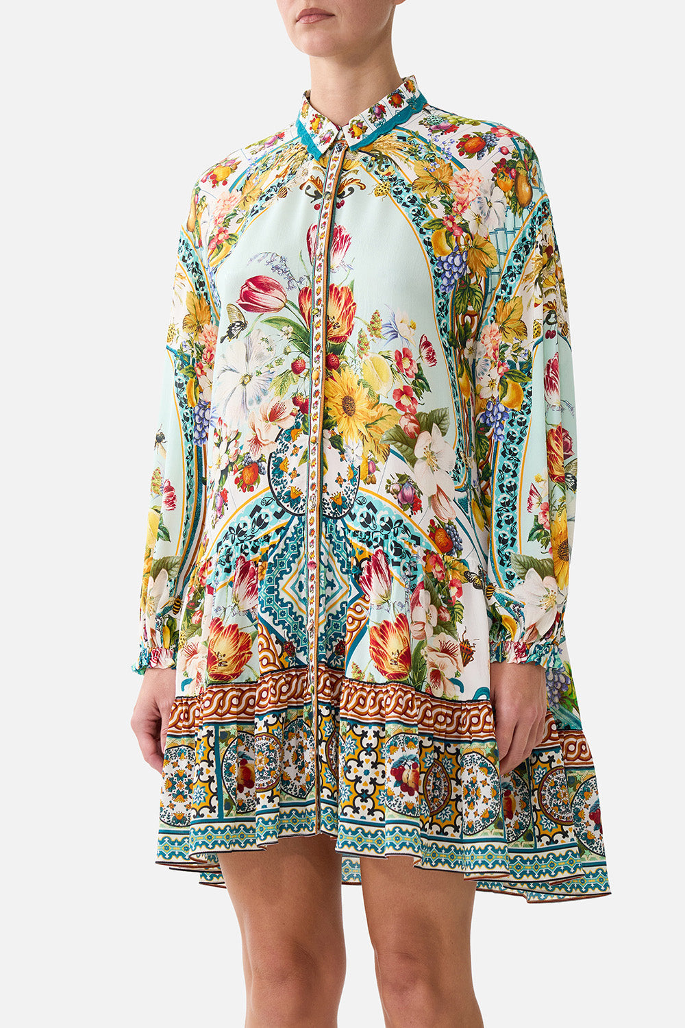 The CAMILLA WAIST TIE SHIRT DRESS WITH BUBBLE SLEEVE CERAMIC PANORAMIC in our CERAMIC PANORAMIC print.