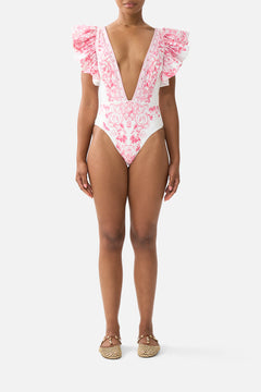 PLUNGE ONE PIECE W PLEATED RUFFLE SLEEVES LIVIN LA VIDA ROSA