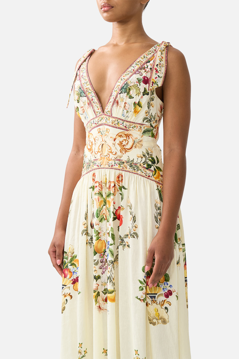 The CAMILLA LONG SARONG W TIE WAIST AND FRILL EDGE LIVIN LA VIDA ROSA in our  print.