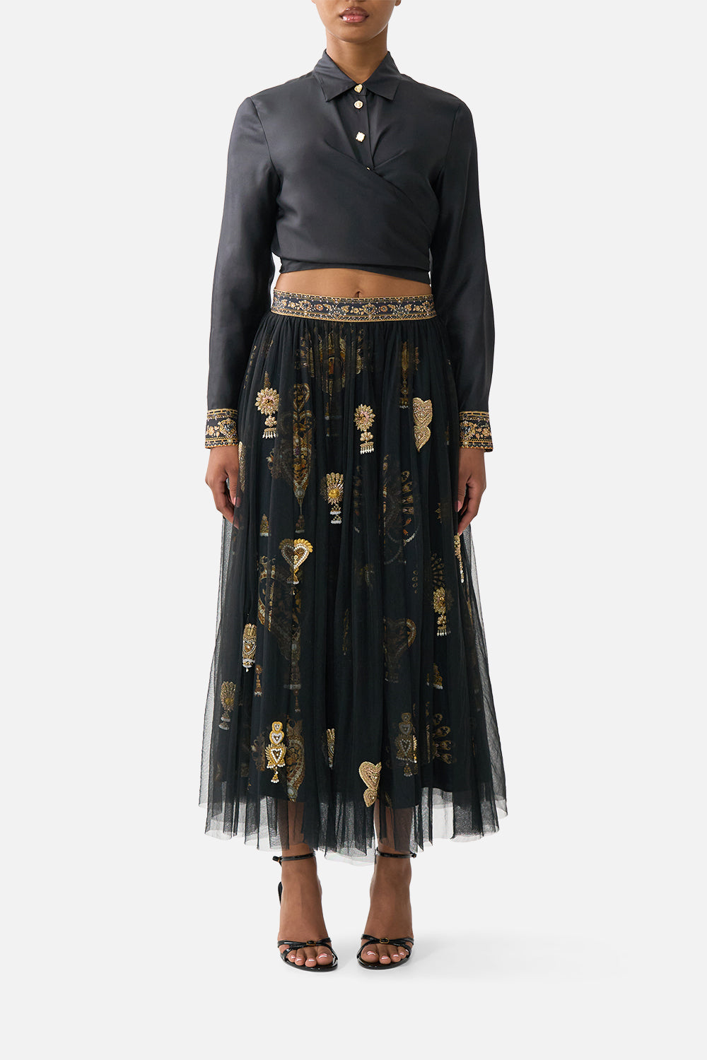 The CAMILLA RUFFLE HEM WRAP SKIRT VA VA VINTAGE in our  print.