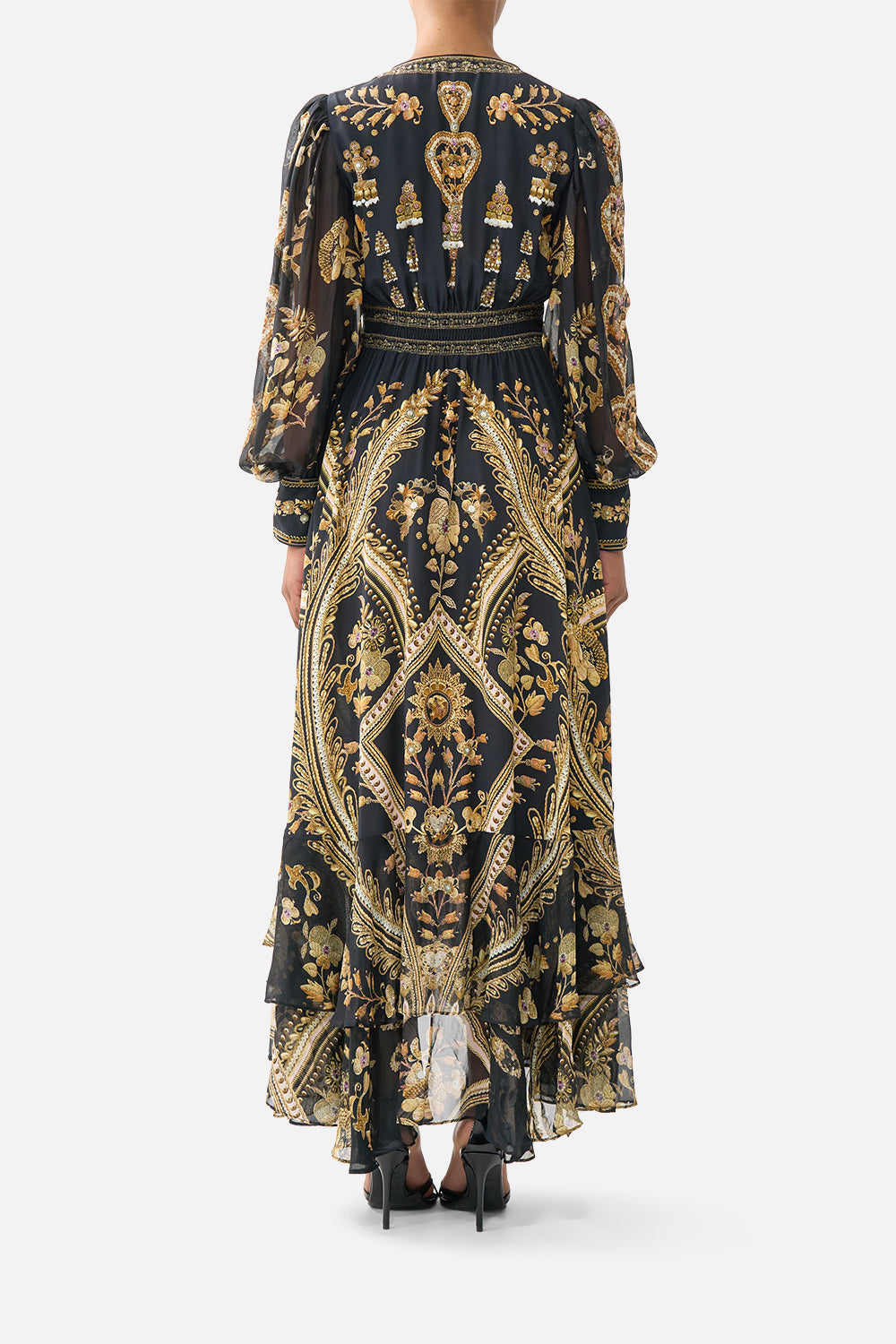 The CAMILLA FLARED JUMPSUIT WANDERLUST EMPIRE in our  print.
