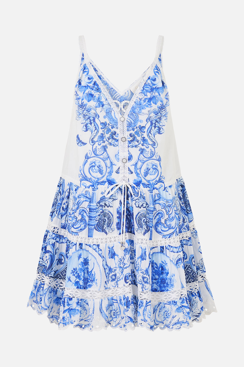 The CAMILLA BUTTON SHIRT WITH FRILL DETAIL DANDELION SKIES in our  print.