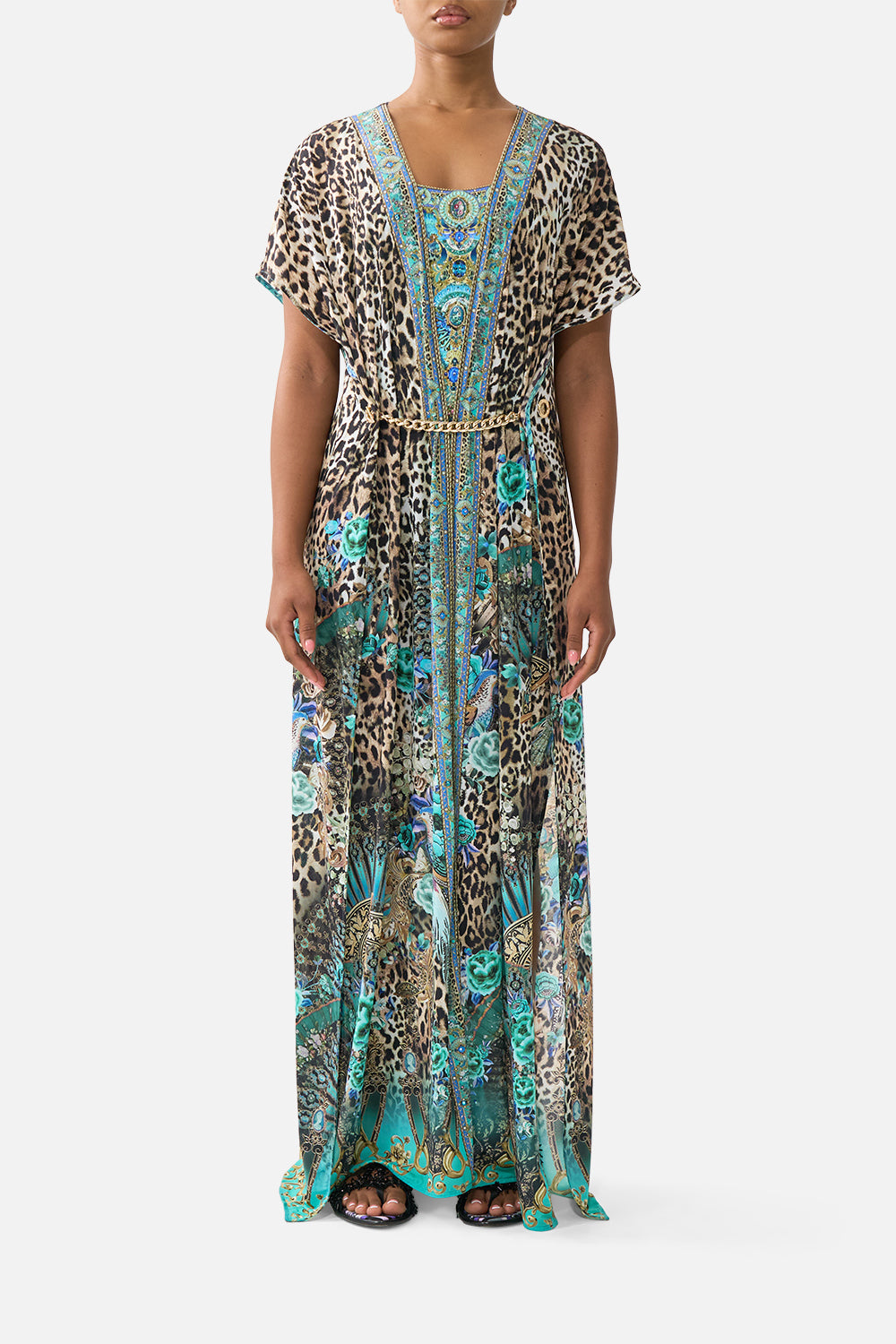 The CAMILLA LONG V NECK KAFTAN W RING FRONT TRIM BUTTERFLY BOHEMIA in our  print.