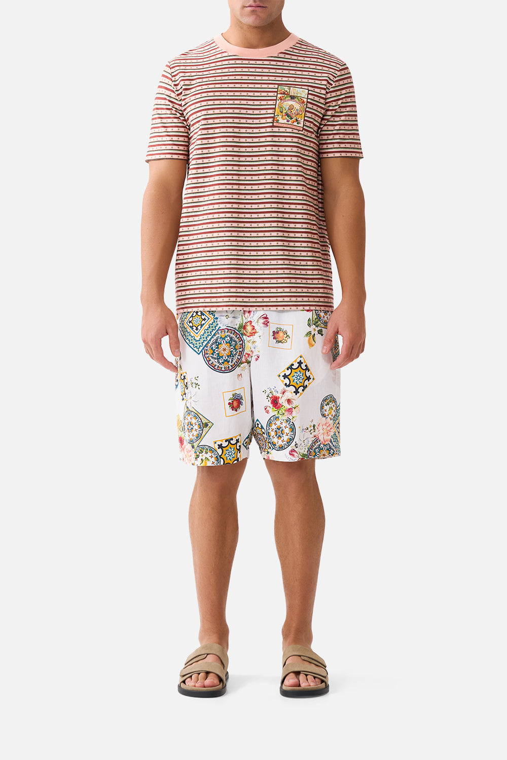 The CAMILLA MID LENGTH BOARDSHORT WITH ELASTIC WAIST WANDERLUST EMPIRE in our  print.