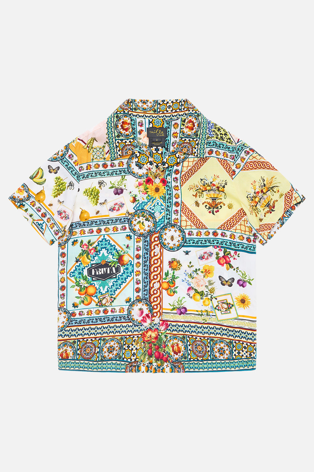 The CAMILLA BUTTON SHIRT WITH FRILL DETAIL WILDFLOWER WUNDERLAND in our  print.