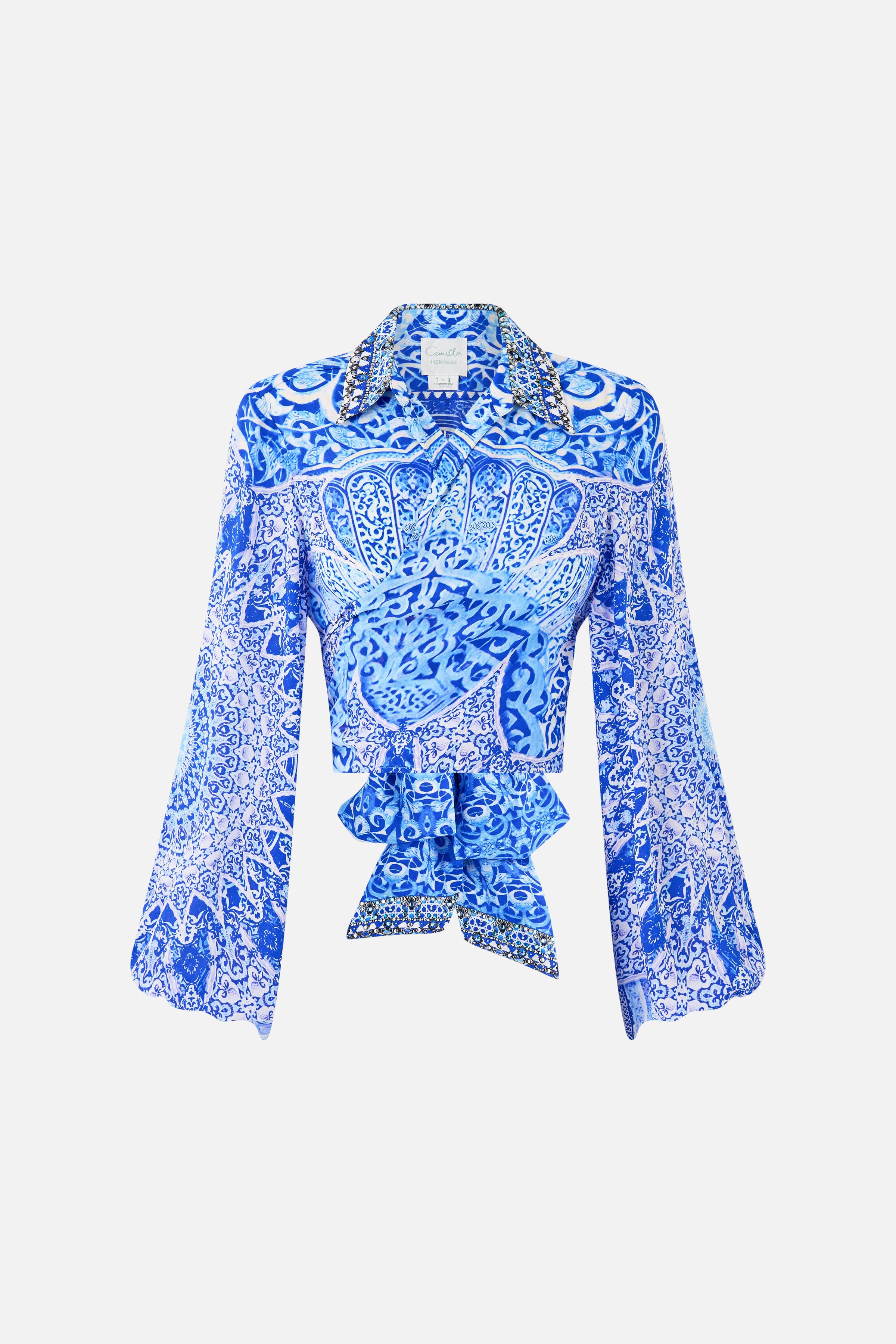 The CAMILLA LONG SLEEVE GATHERED DRESS WITH TRAIN AMULETS AND ALCHEMY in our  print.