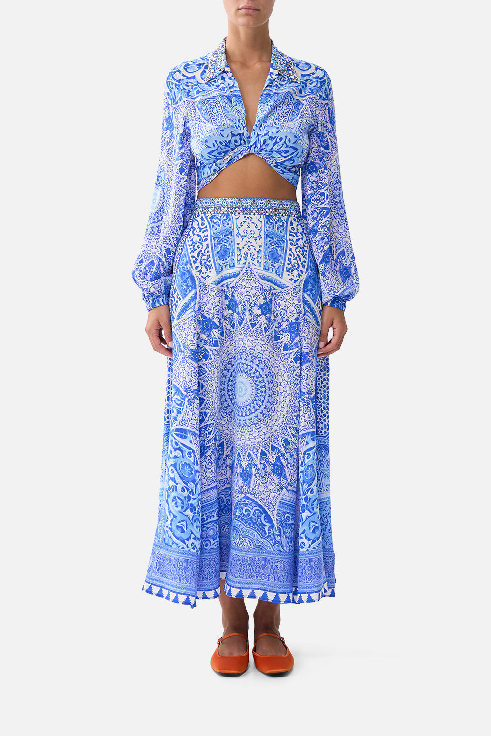 The CAMILLA LONG SLEEVE GATHERED DRESS WITH TRAIN AMULETS AND ALCHEMY in our  print.