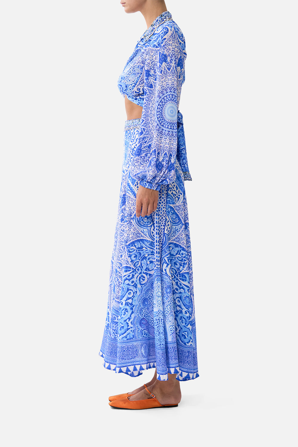 The CAMILLA LONG SLEEVE GATHERED DRESS WITH TRAIN AMULETS AND ALCHEMY in our  print.