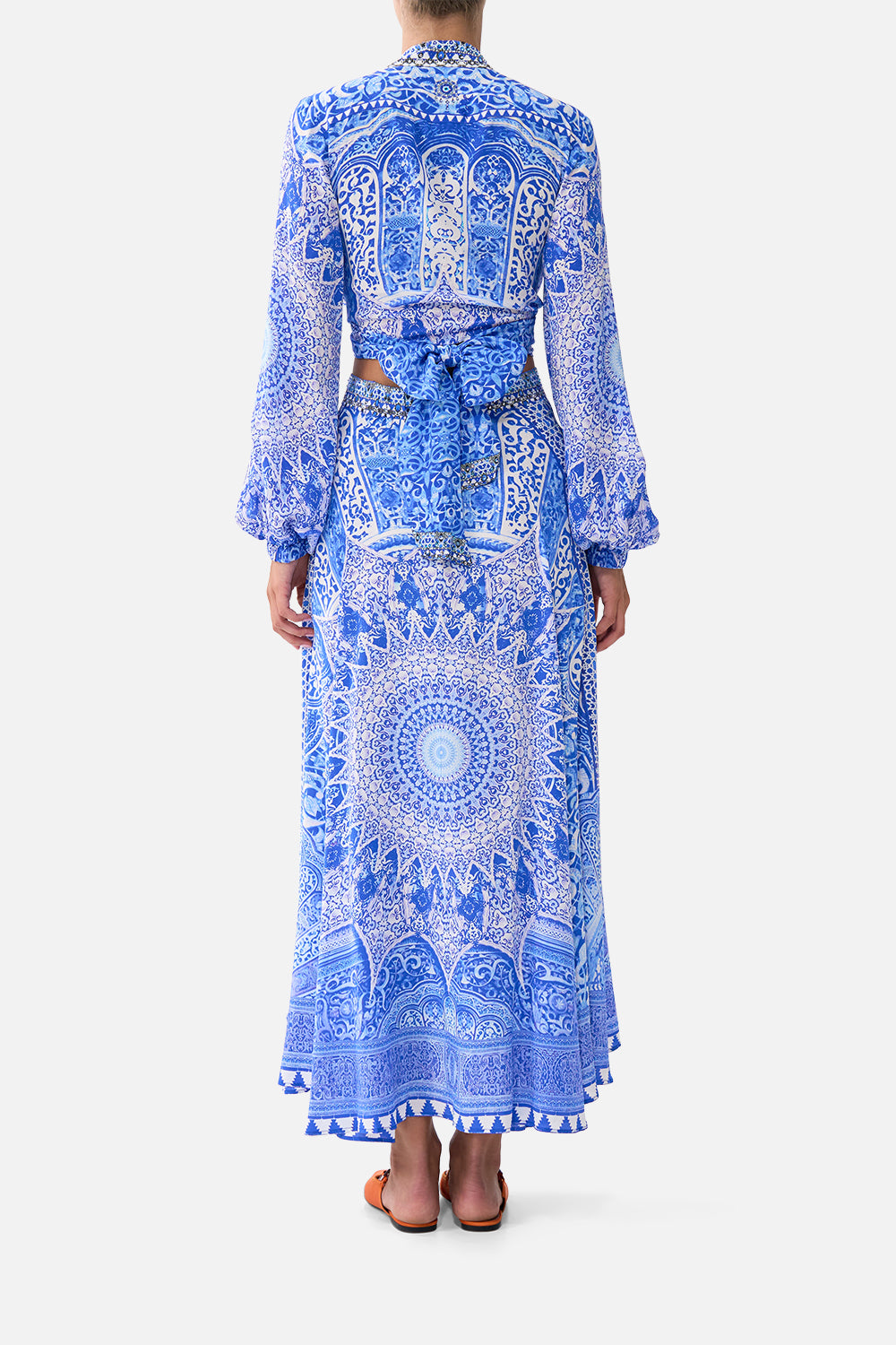 The CAMILLA LONG SLEEVE GATHERED DRESS WITH TRAIN AMULETS AND ALCHEMY in our  print.