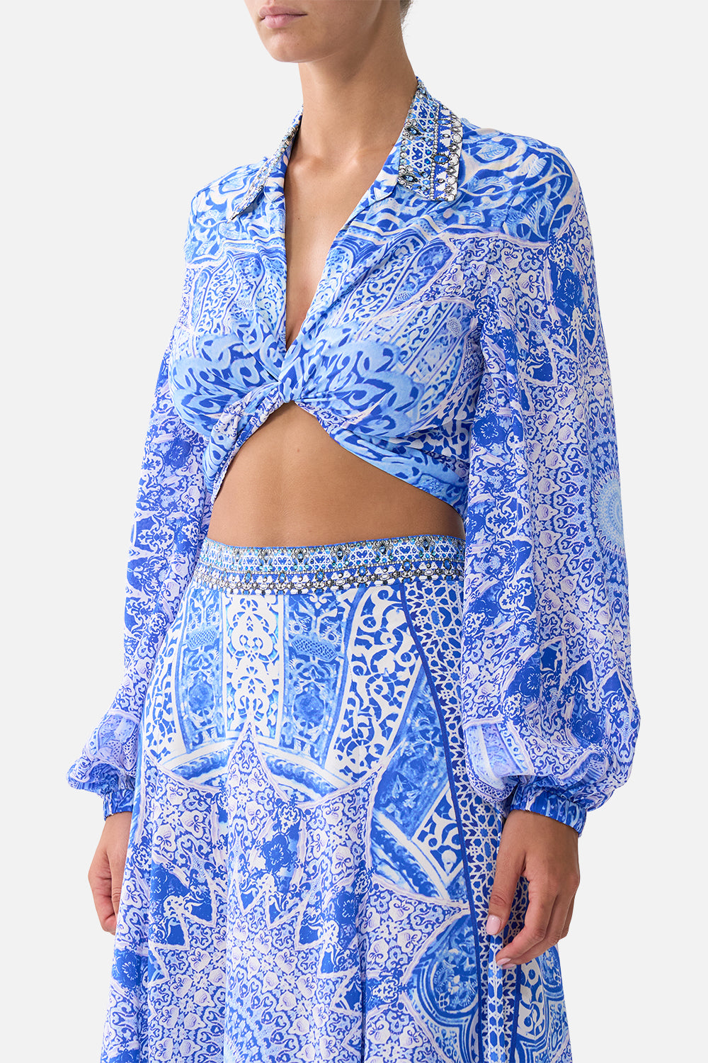 The CAMILLA LONG SLEEVE GATHERED DRESS WITH TRAIN AMULETS AND ALCHEMY in our  print.