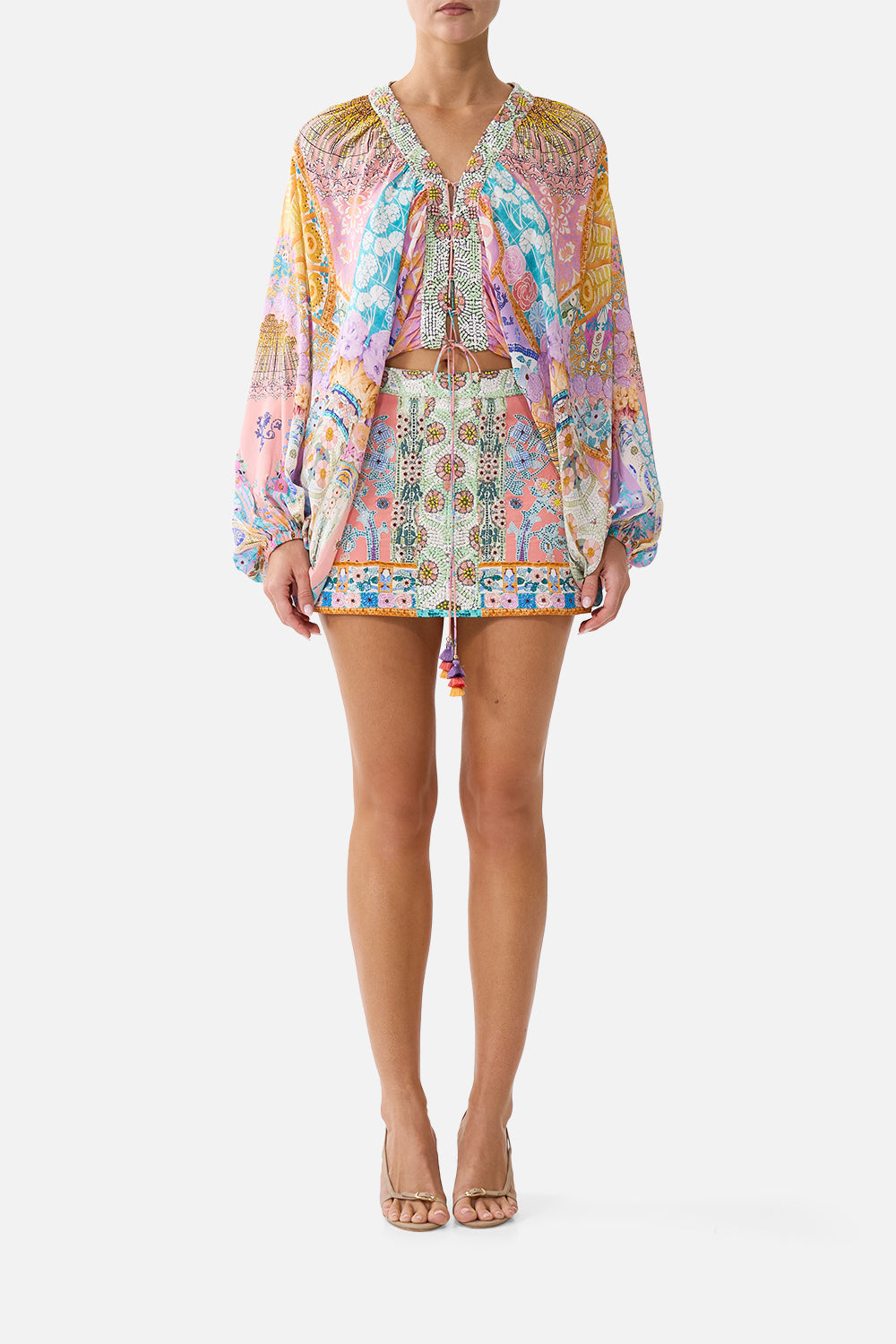 The CAMILLA SHORT SHIRRED SKIRT THE PORCELAIN PARLOUR in our  print.