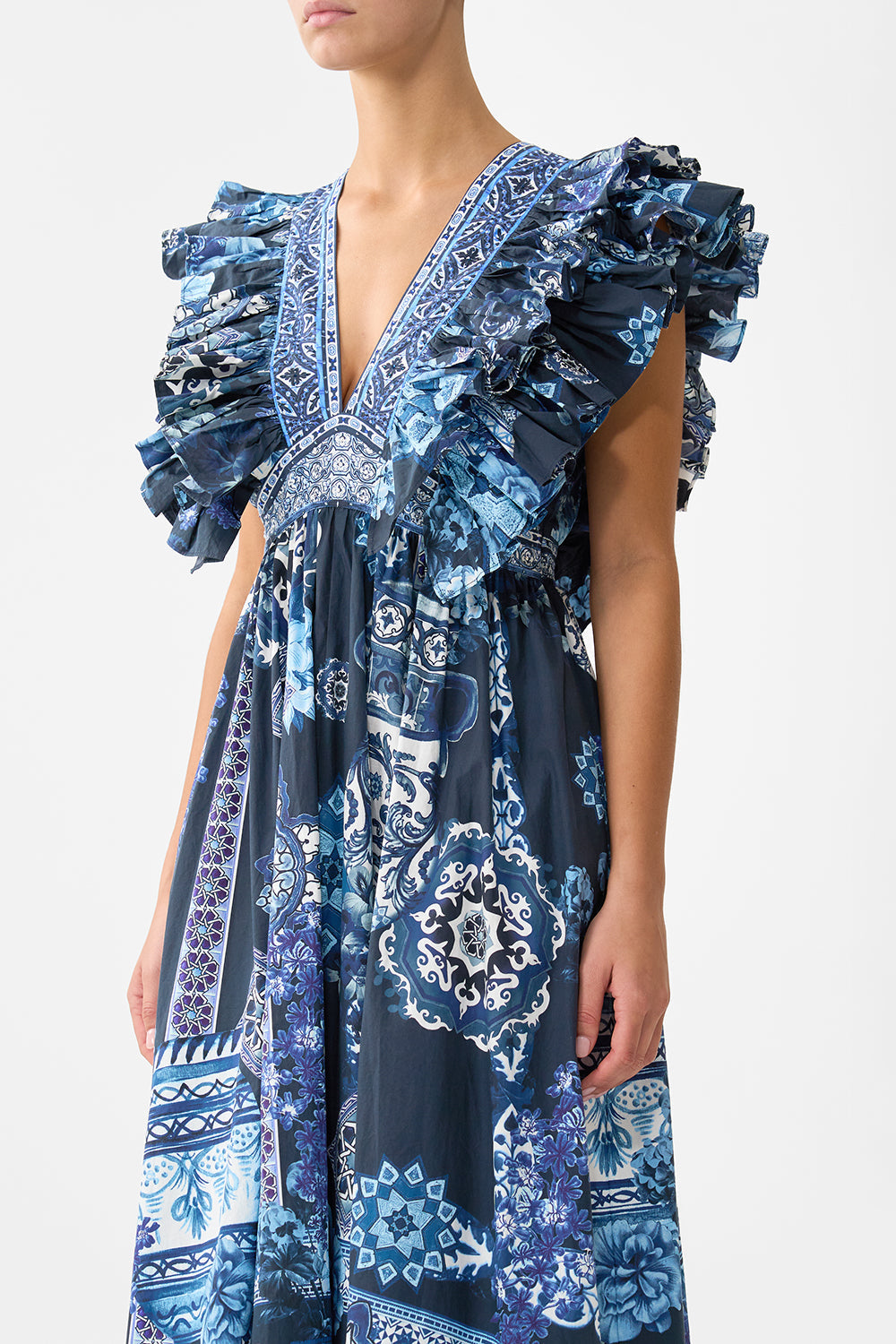 The CAMILLA RUFFLE HEM TIE FRONT MIDI DRESS CERAMIC PANORAMIC in our  print.