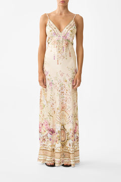 V NECK FULL LENGTH BIAS SLIP DRESS ADORNED IN ARANJUEZ