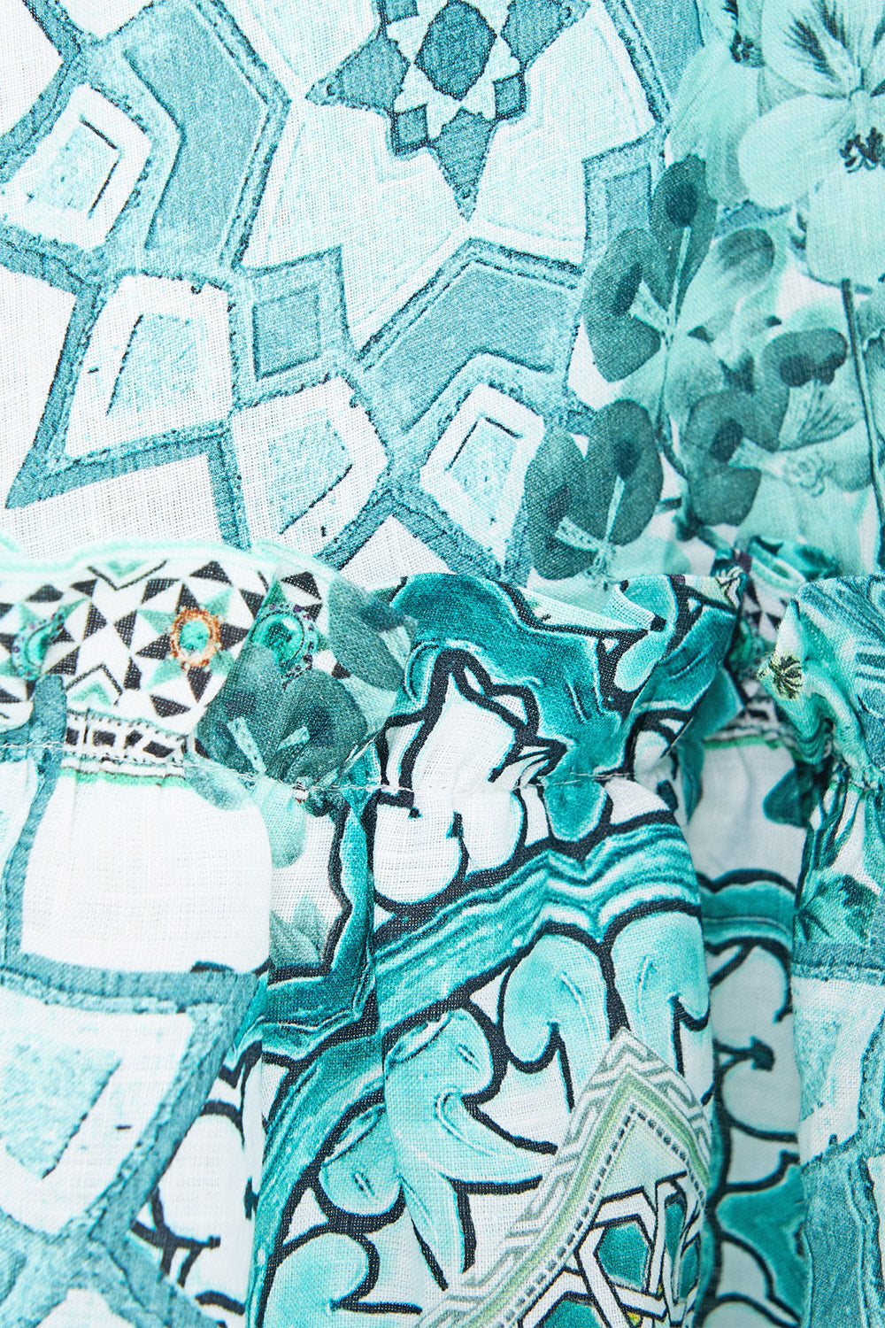 The CAMILLA SHORT SLEEVE CAMP COLLARED SHIRT CERAMIC PANORAMIC in our  print.