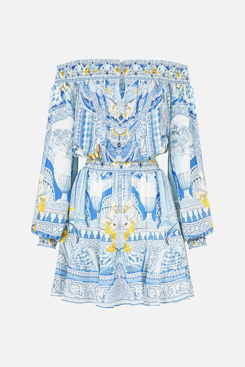 The CAMILLA TIERED SHIRTDRESS WITH WIDE WAIST TIE MEET ME IN MALLORCA in our  print.
