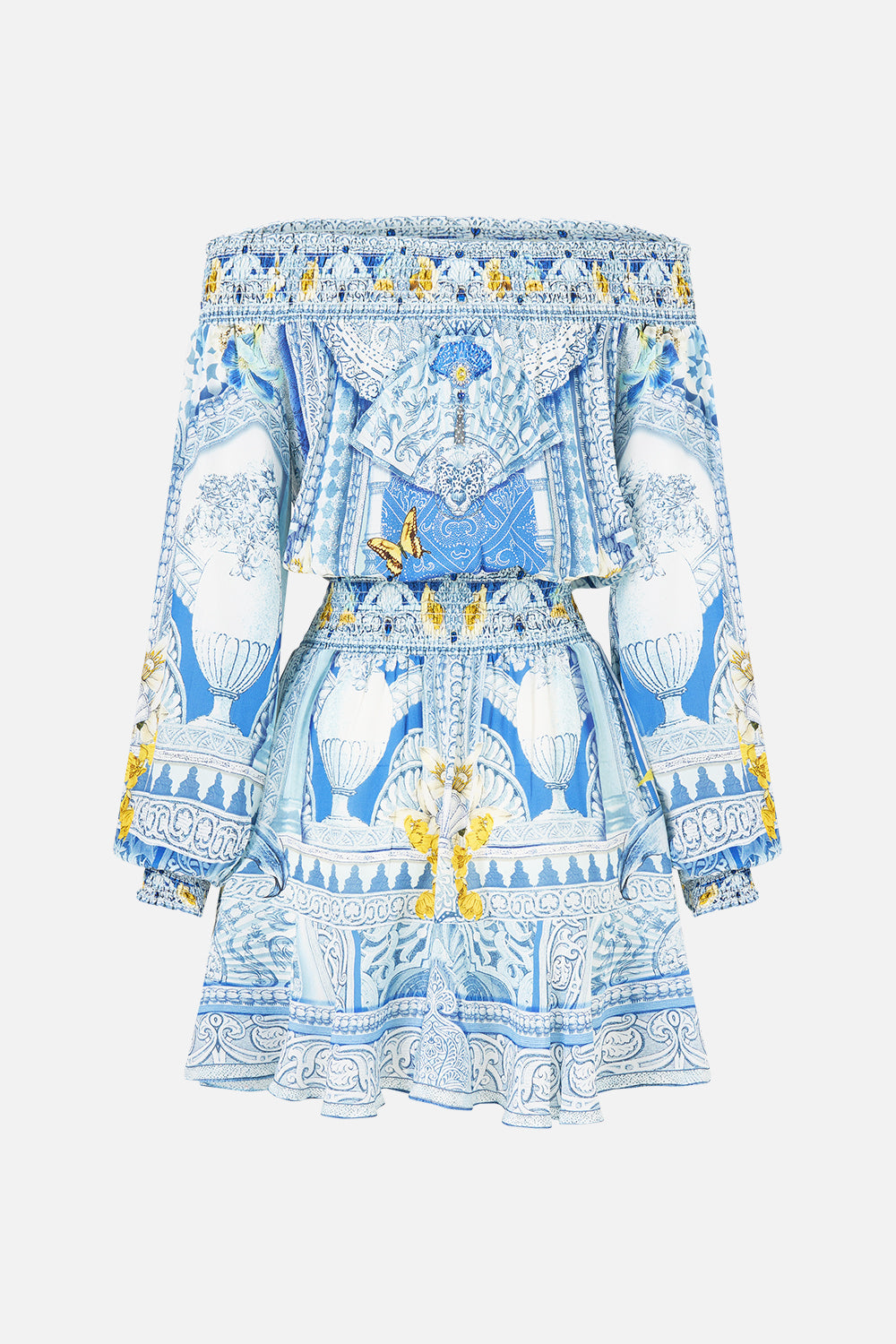 The CAMILLA LONG SLEEVE TIERED SHORT DRESS MAGIC OF THE MERCADO in our  print.