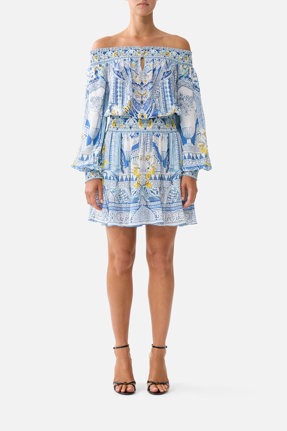 The CAMILLA TIERED SHIRTDRESS WITH WIDE WAIST TIE MEET ME IN MALLORCA in our  print.