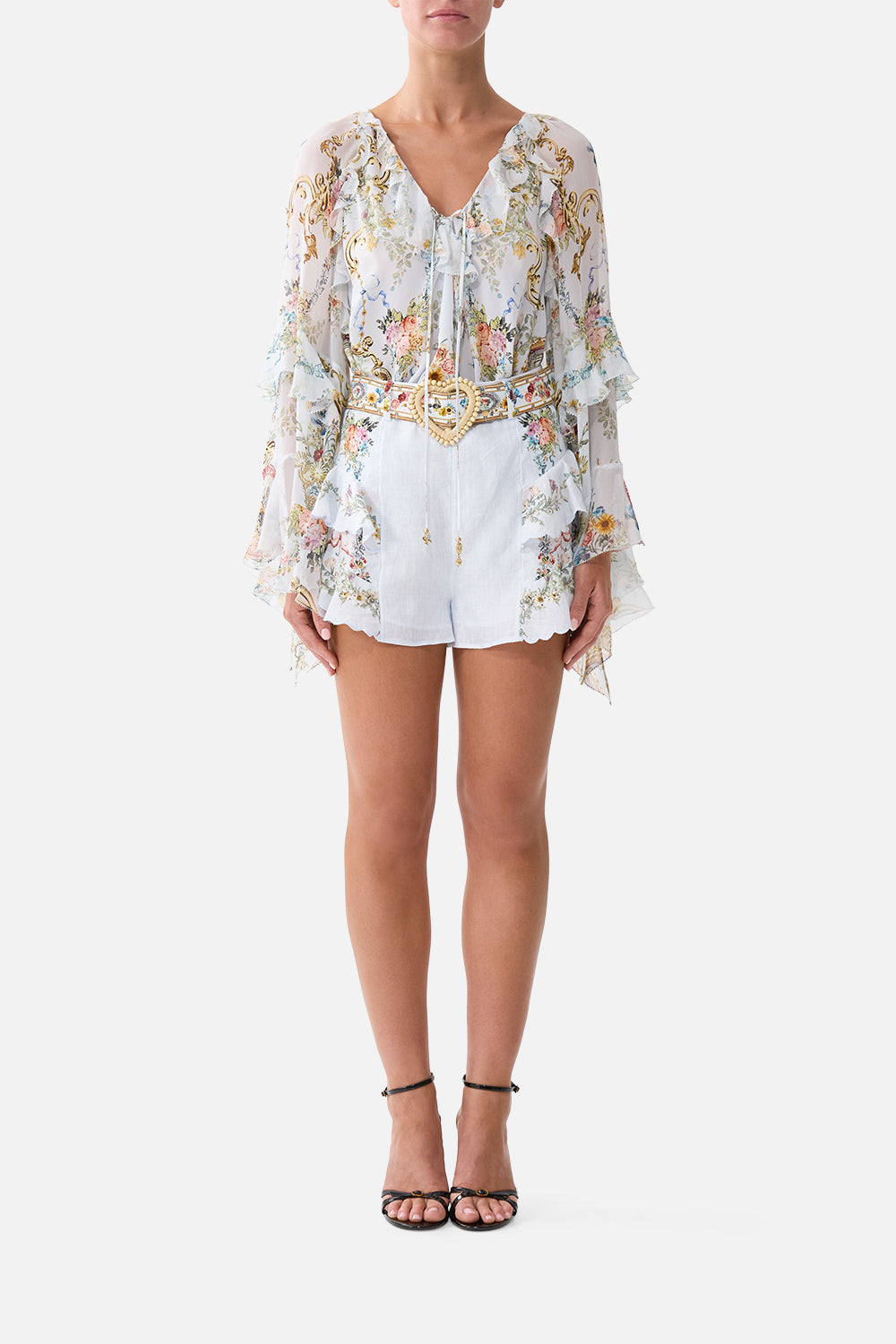 LACE UP V NECK BLOUSE WITH CASCADE RUFFLES SEVILLE SWEETHEART