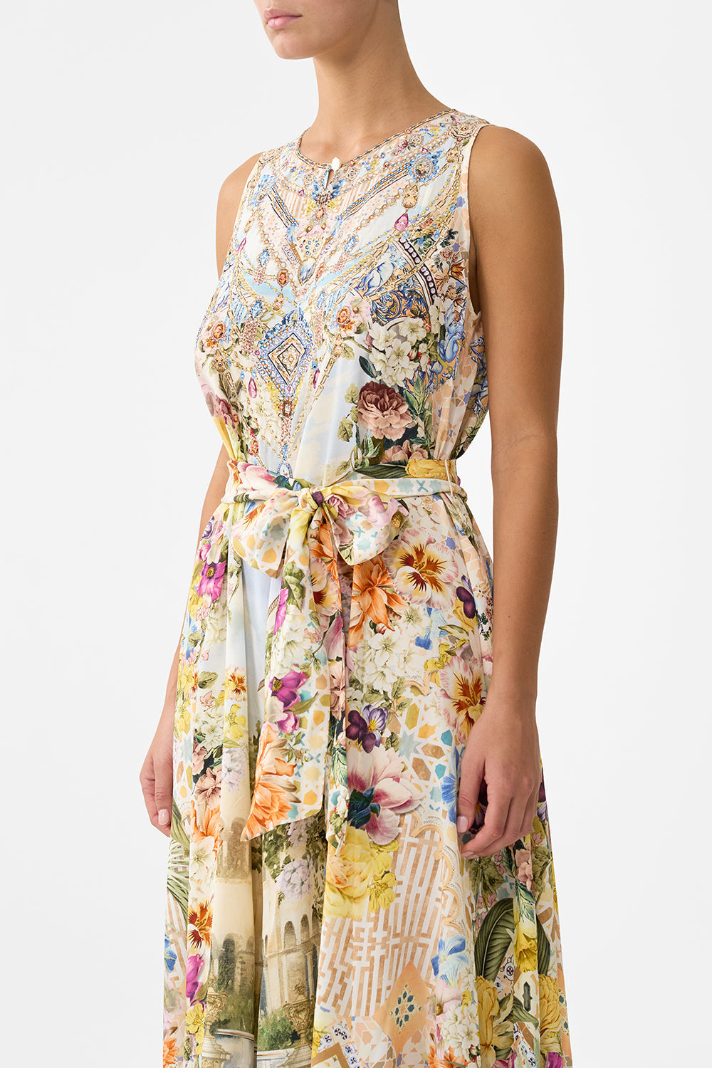 The CAMILLA flared jumpsuit in our print The Architects of Alcázar.