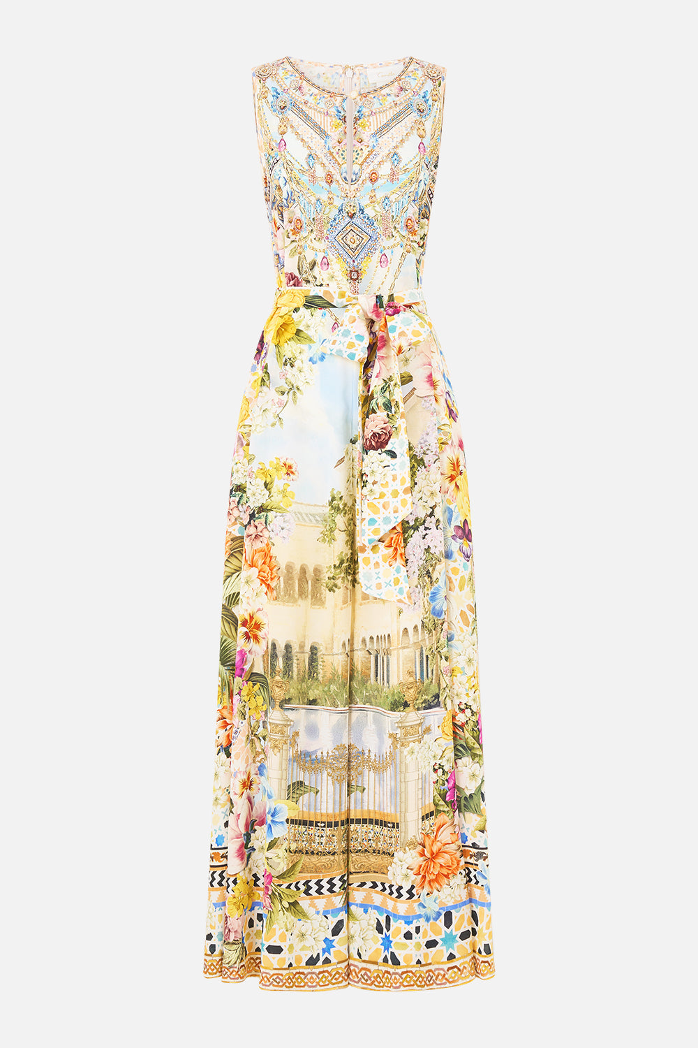 The CAMILLA flared jumpsuit in our print The Architects of Alcázar. Front view.