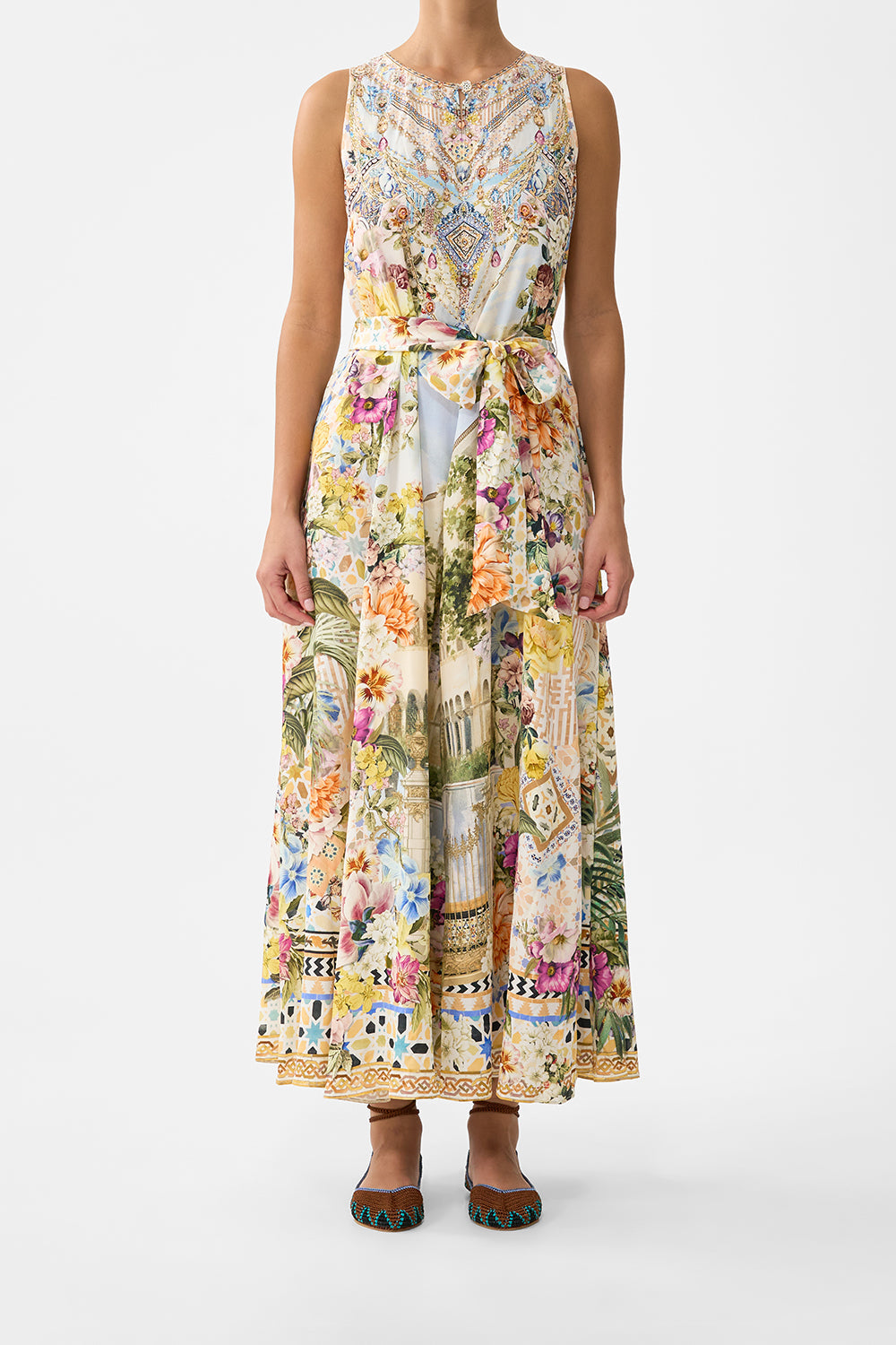 The CAMILLA flared jumpsuit in our print The Architects of Alcázar. Front model view.
