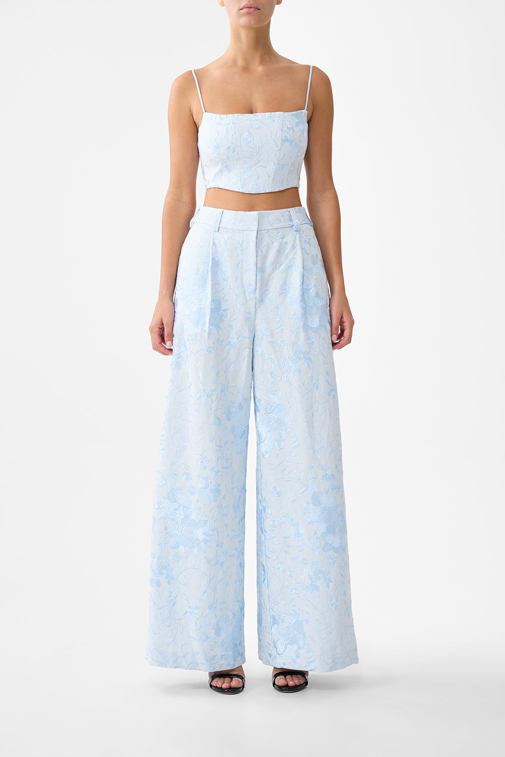 The CAMILLA corset crop top in our print Seville Sweetheart. Front model view.
