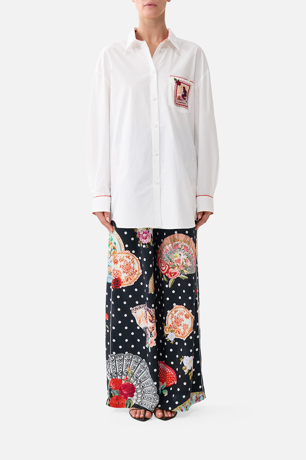 The CAMILLA FLARE TROUSER WITH SEAM DETAIL NOTES FROM THE BLUE ROOM in our NOTES FROM THE BLUE ROOM print.