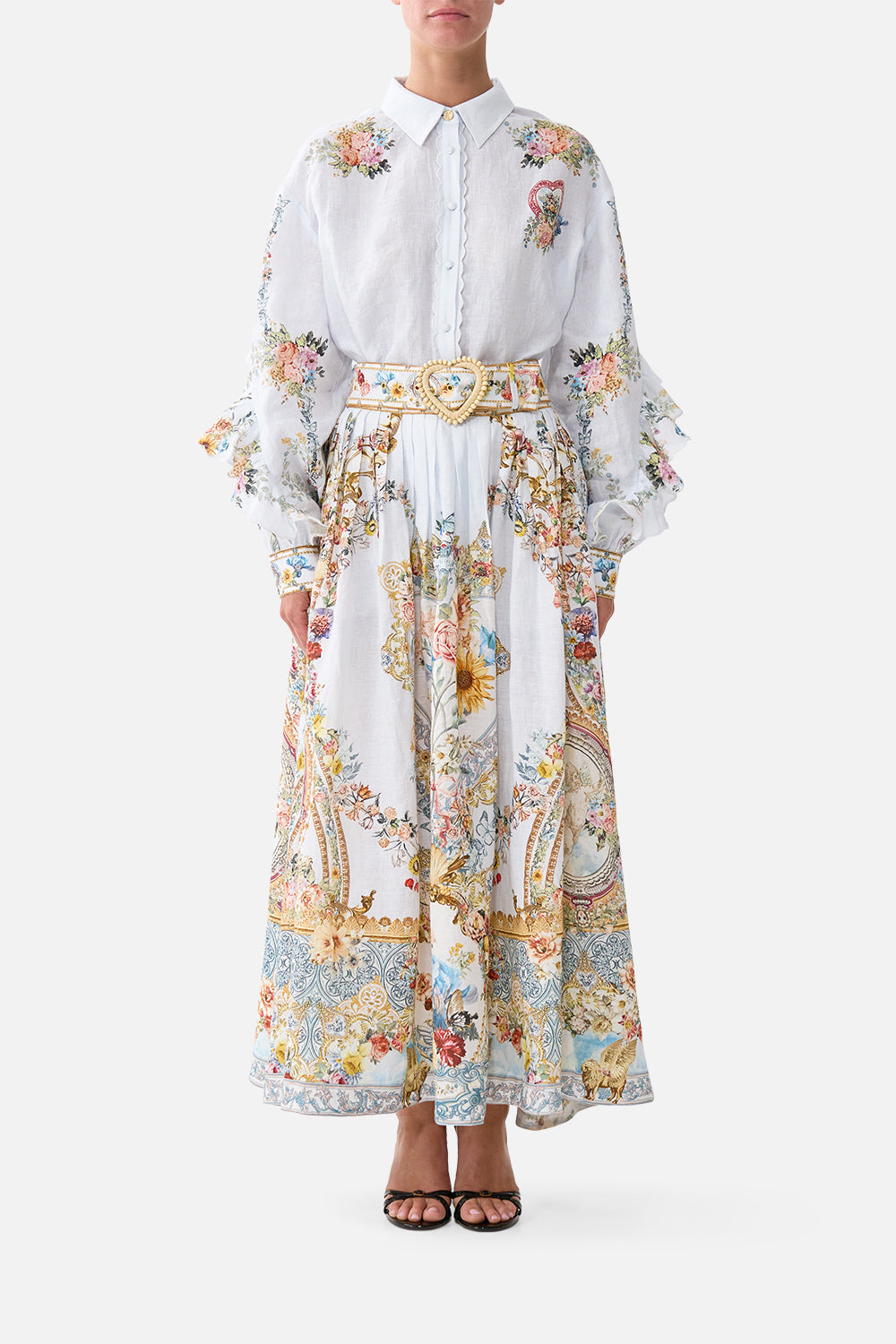 The CAMILLA belted midi skirt in our print Seville Sweetheart. Front model view.