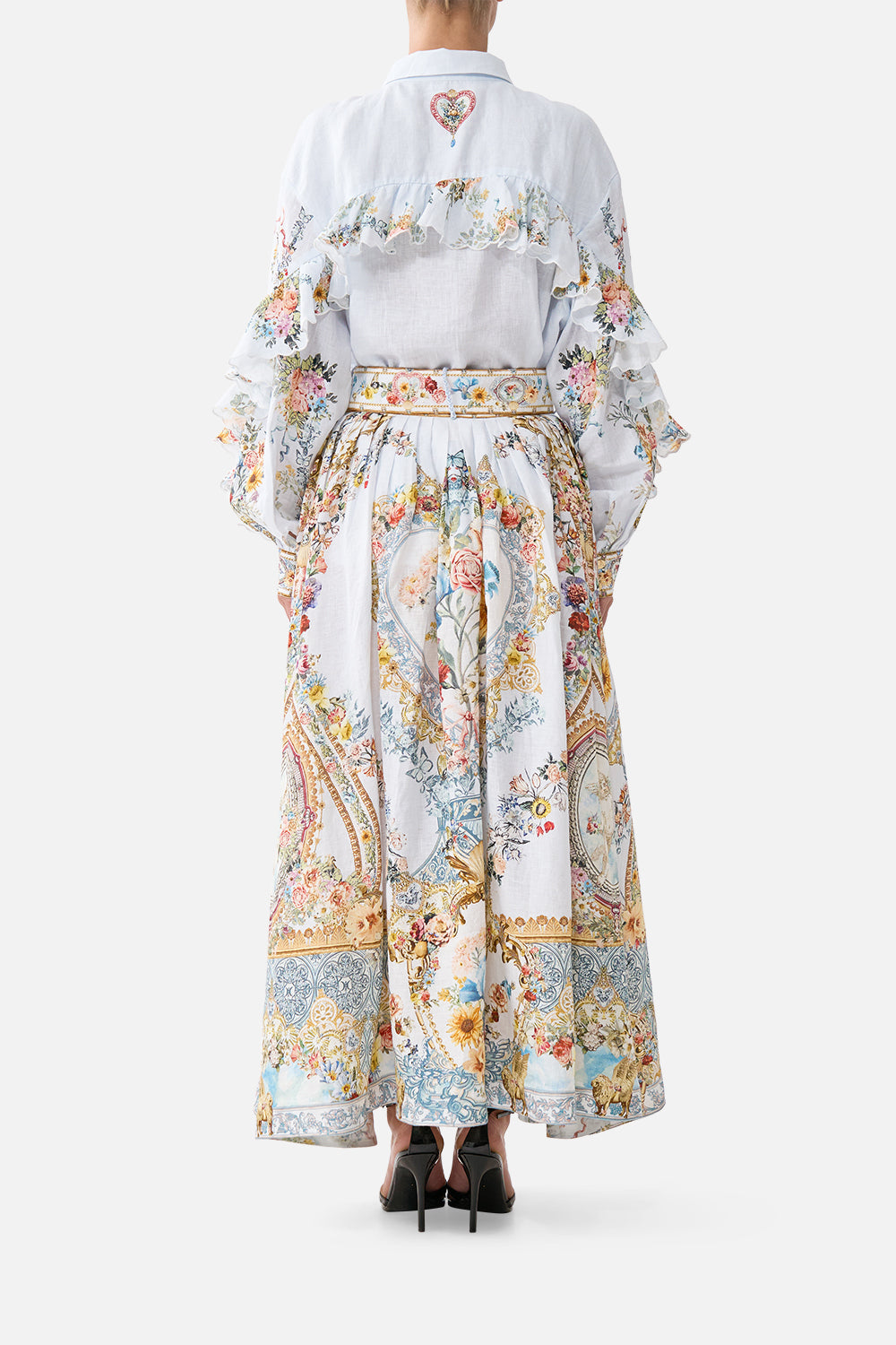 The CAMILLA belted midi skirt in our print Seville Sweetheart. Back model view.