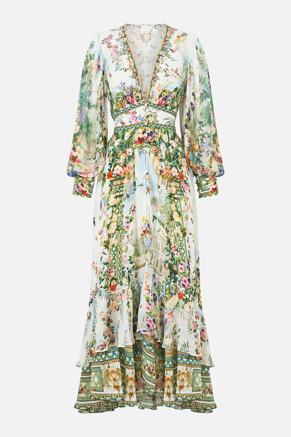 The CAMILLA BUTTON FRONT MIDI SHIRT DRESS DANDELION SKIES in our  print.
