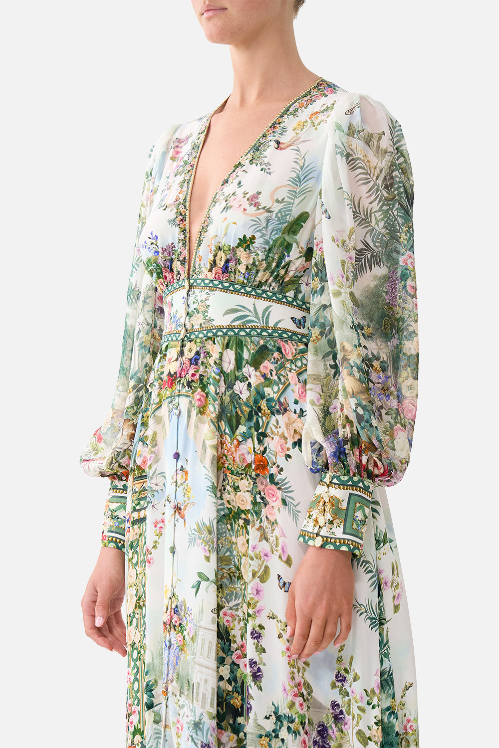 The CAMILLA BUTTON FRONT MIDI SHIRT DRESS DANDELION SKIES in our  print.