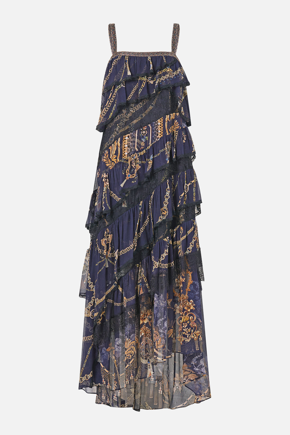 The CAMILLA Asymmetric Spliced Lace Dress in our Cloaked in Baroque print, front view.