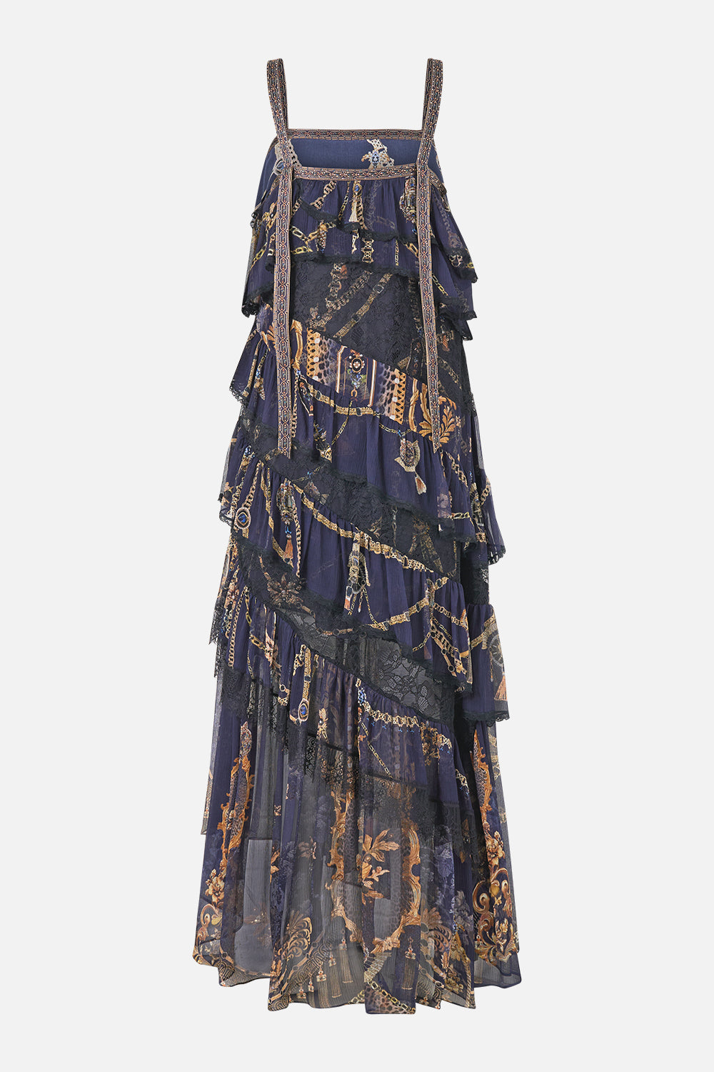 The CAMILLA Asymmetric Spliced Lace Dress in our Cloaked in Baroque print, back view.