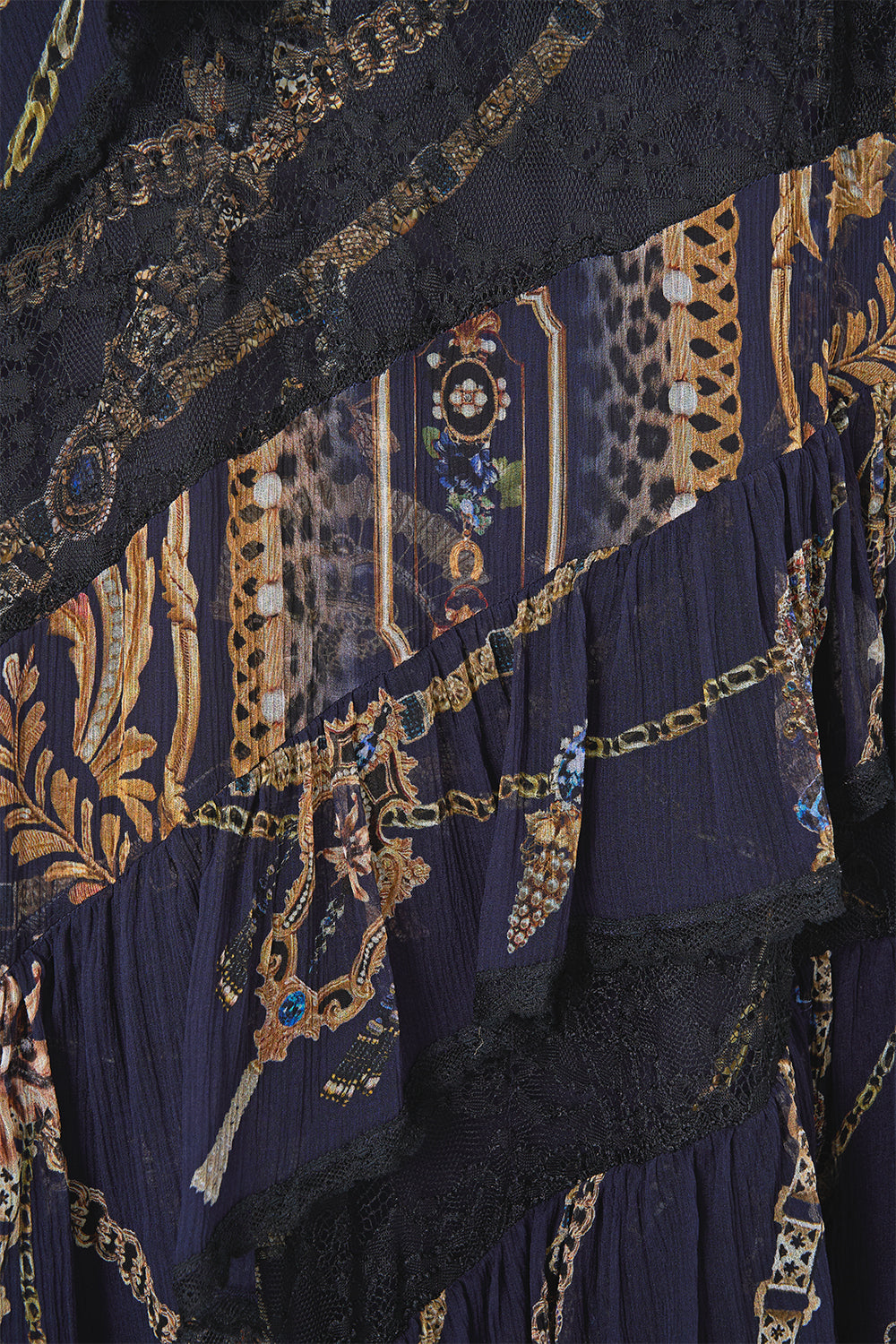 The CAMILLA Asymmetric Spliced Lace Dress in our Cloaked in Baroque print, fabric detail.