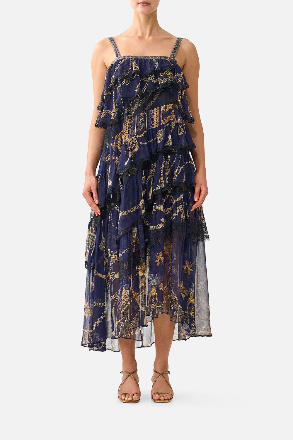The CAMILLA Asymmetric Spliced Lace Dress in our Cloaked in Baroque print, front view on model.