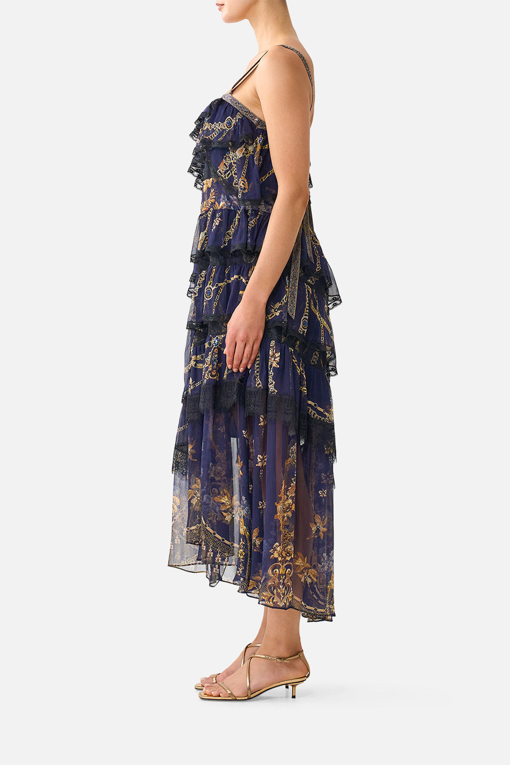 The CAMILLA Asymmetric Spliced Lace Dress in our Cloaked in Baroque print, side view on model.