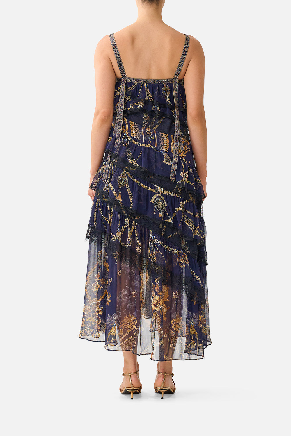 The CAMILLA Asymmetric Spliced Lace Dress in our Cloaked in Baroque print, back view on model.