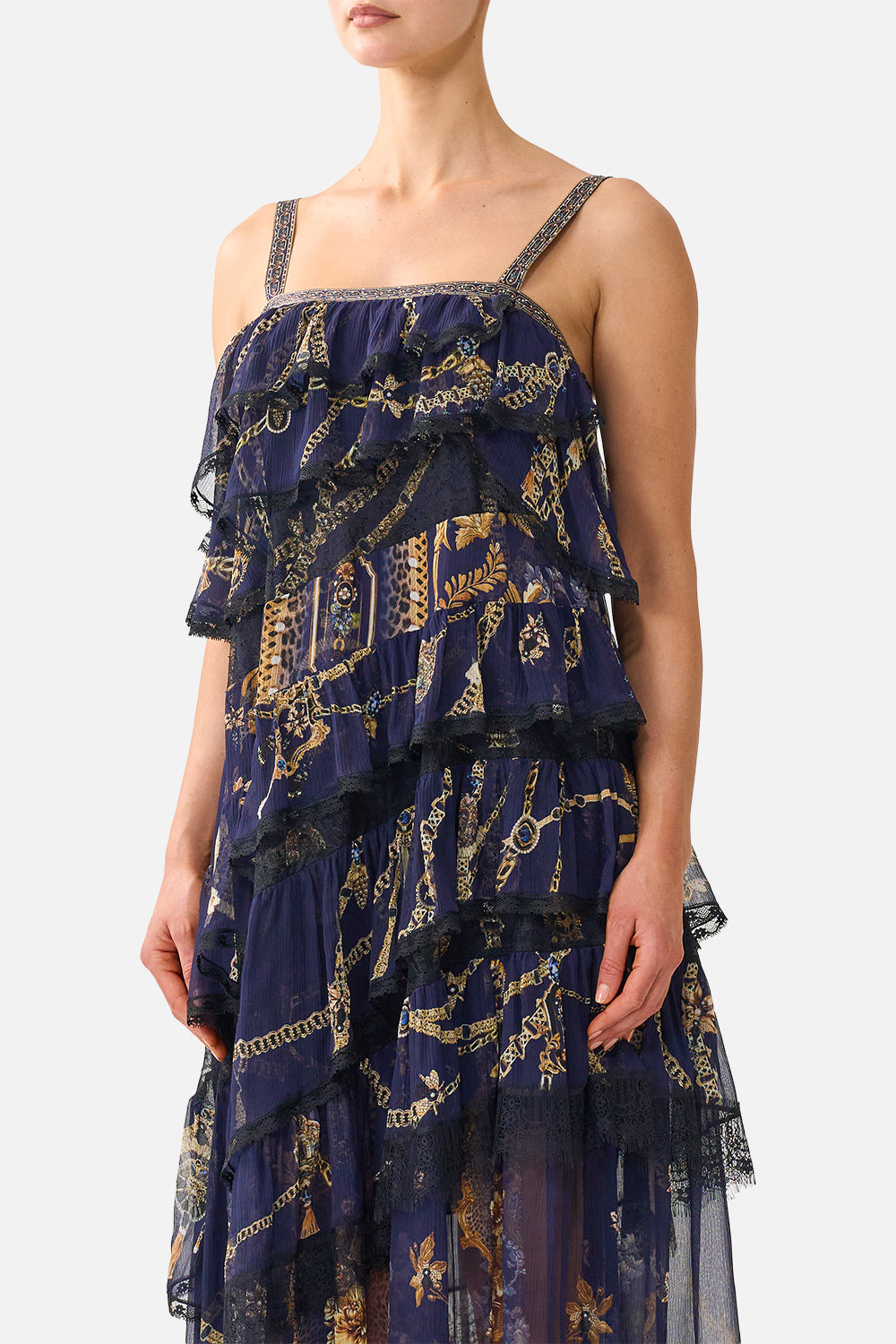 The CAMILLA Asymmetric Spliced Lace Dress in our Cloaked in Baroque print, detail view on model.
