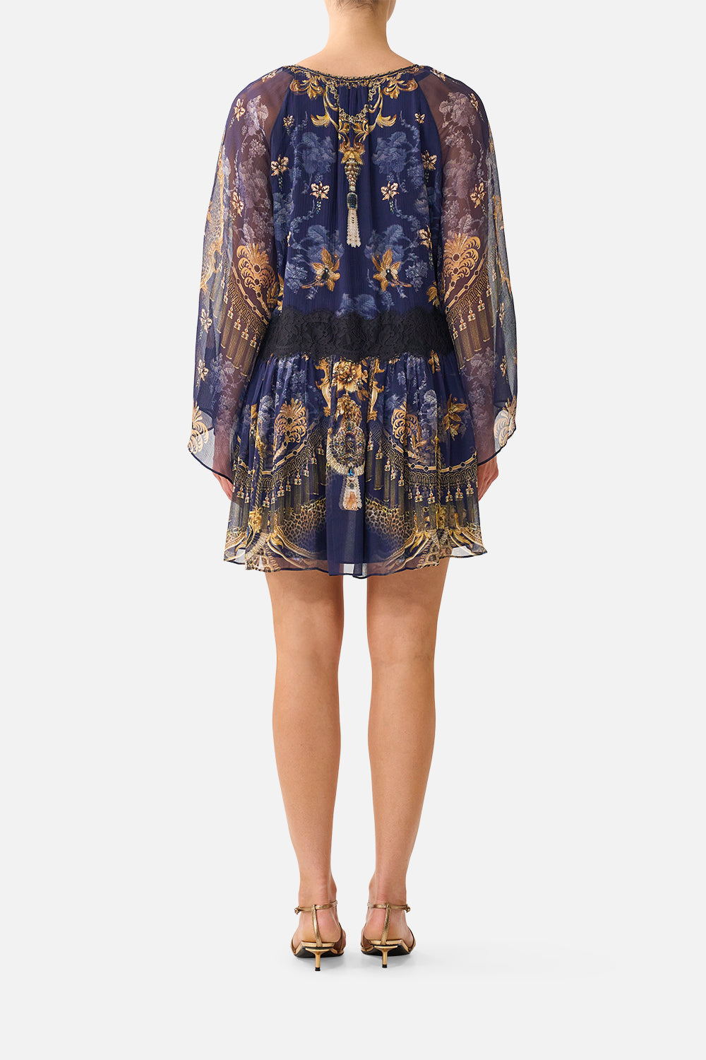 The CAMILLA Relaxed Short Dress with Dropped Waist in our Cloaked in Baroque print, back view on model.